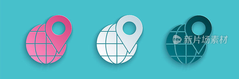 Paper cut Location on the globe icon isolated on blue background. World or Earth sign. Paper art style. Vector Illustration